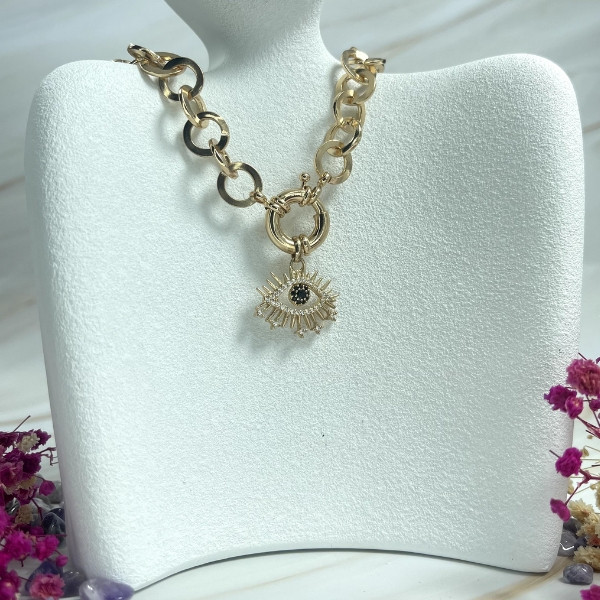Yellow Gold Necklace and Pendent with Eye Shape Adorned with Stones Like Diamonds